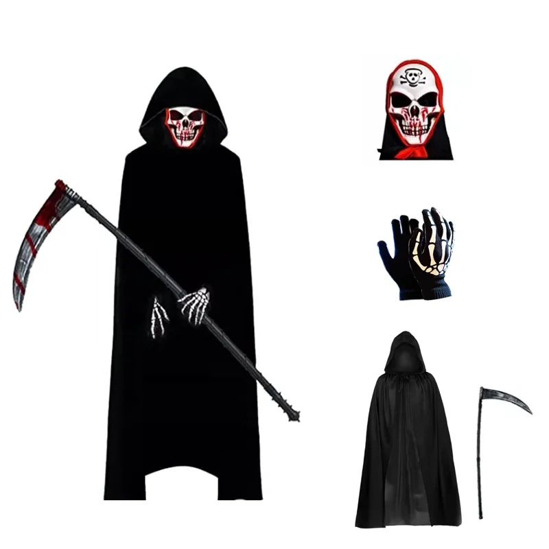 

Halloween Grim Reaper Bodysuit Horror Death Cosplay Black Cloak Costume BLOOD MASK