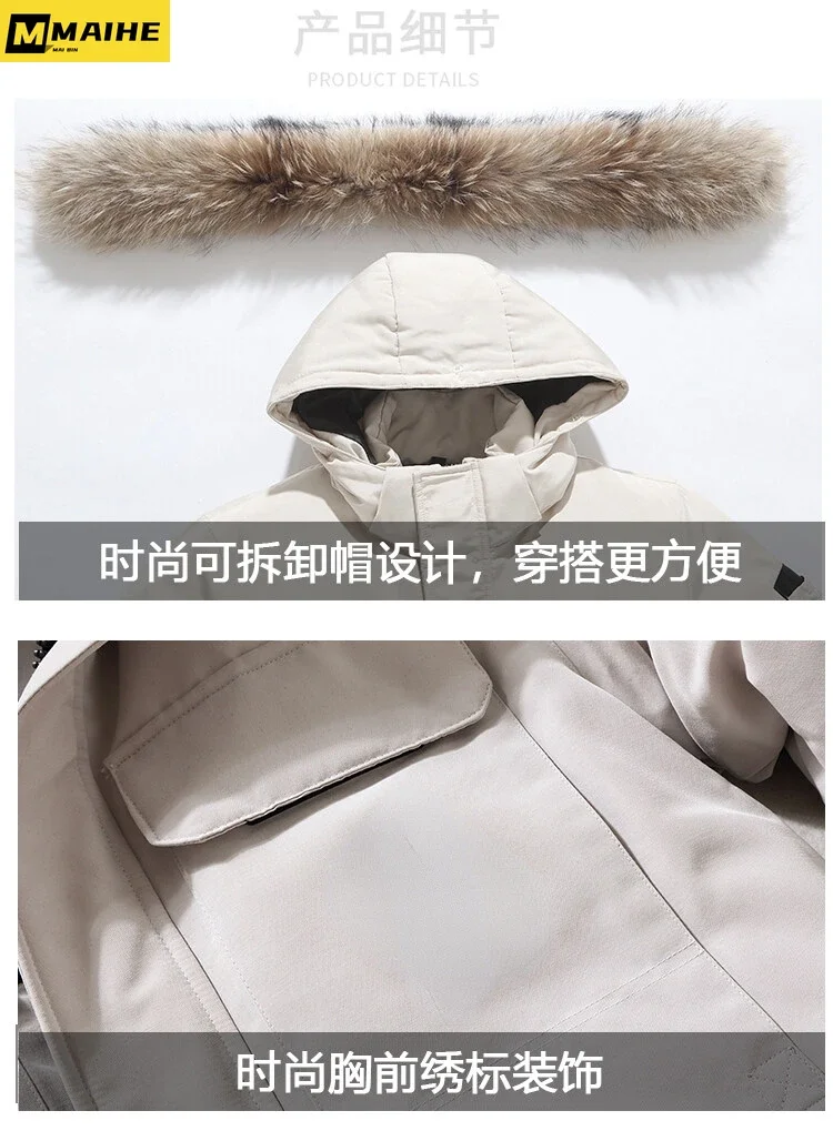Men Luxury Down Jacket Long Winter Warm Lightweight Removable Fur Collar Hooded White Duck Padded Parka