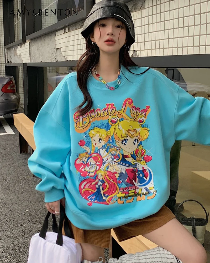 

Spring New Large Size Fashion Cartoon Printed Hoodies Women Mid-Length Loose Casual Sweet Cute Round Neck Long Sleeve Sweatshirt
