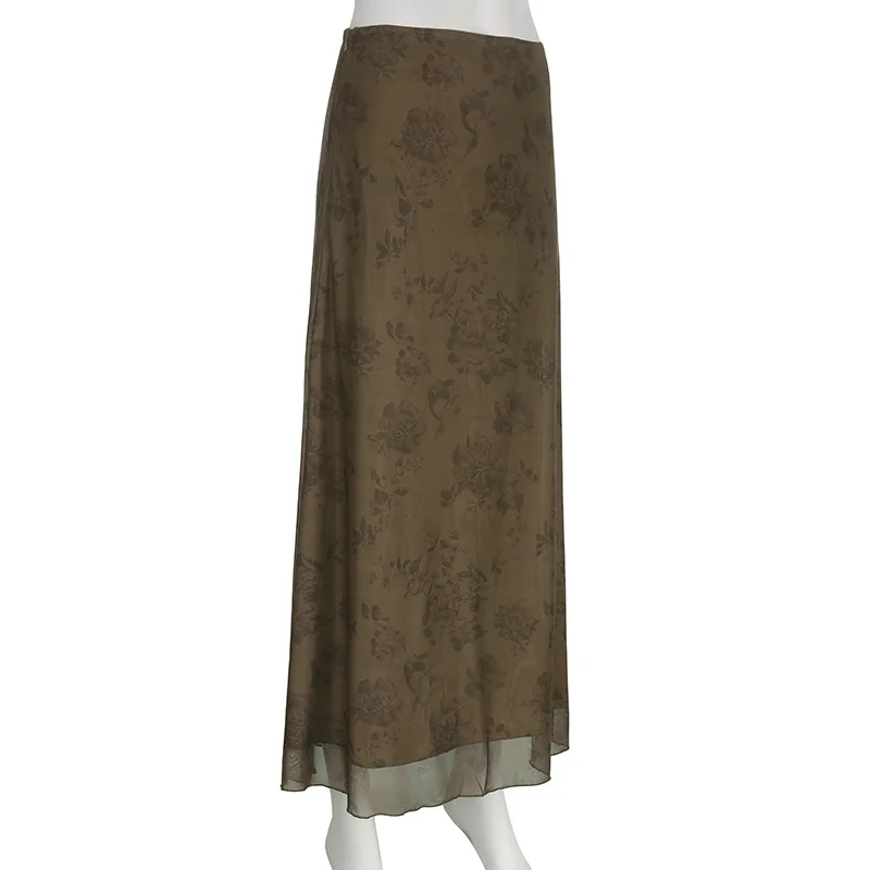 Falda larga Y2K para mujer, ropa vintage, estampado floral, cintura alta, faldas de malla, faldas grunge de los años 2000, ropa de fiesta, ropa de calle