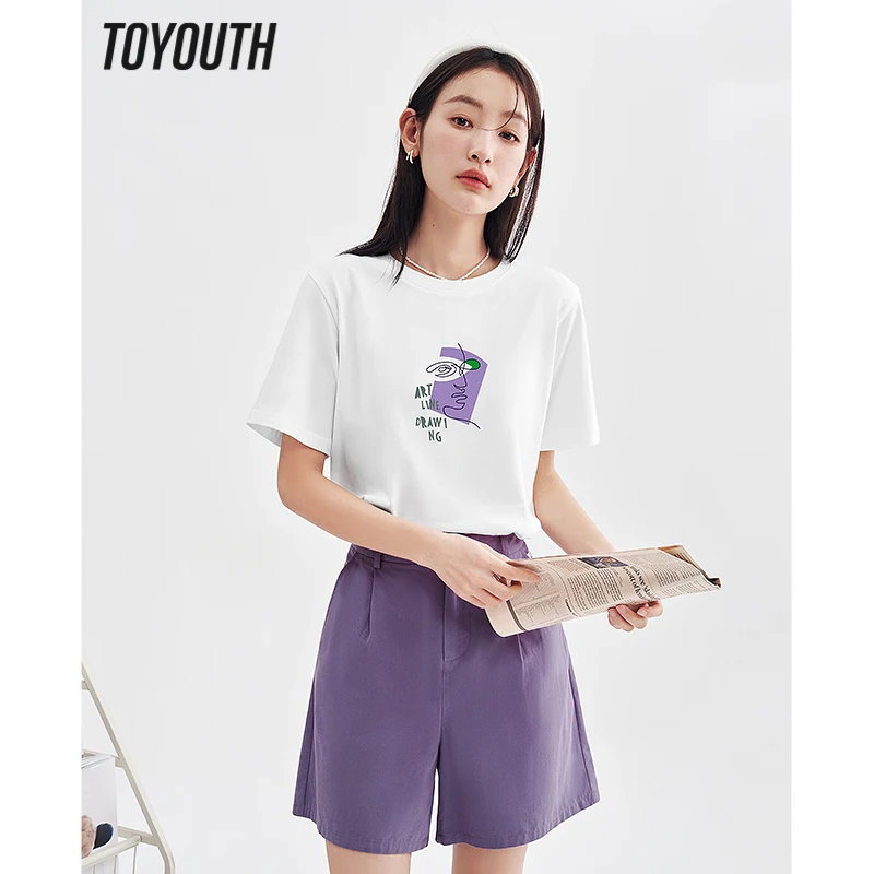 Toyouth Women T shirt 2023 Summer Short Sleeve O Neck Loose Tees Abstract Line Printing Blue White Pure Cotton Casual Chic Tops - Одежда и аксессуары для женщин
