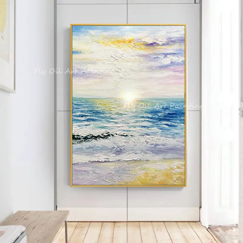 

100%, ручная работа, океан, светло-фиолетовый морской рассвет, абстрактный нож, ручная работа, толстая масляная живопись на холсте, настенные картины, домашний декор