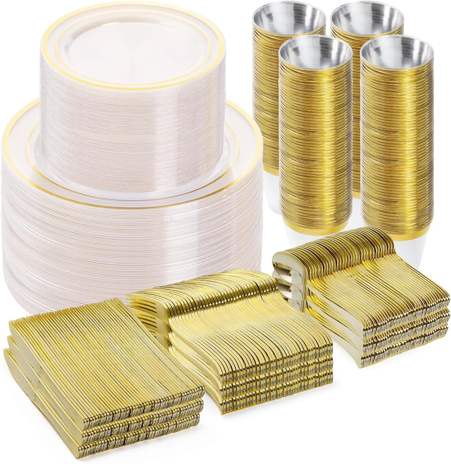 600PCS Plastic Dinnerware Set (100 Guests), Clear Gold Disposable Plates for Party, Wedding, Anniversary Includes: Dinner Plates