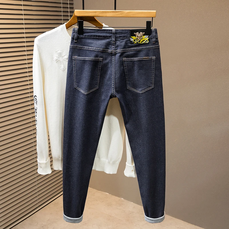 2024 new high-end light luxury MEN'S jeans fashion splicing slim straight casual simple personality casual blue denim pants