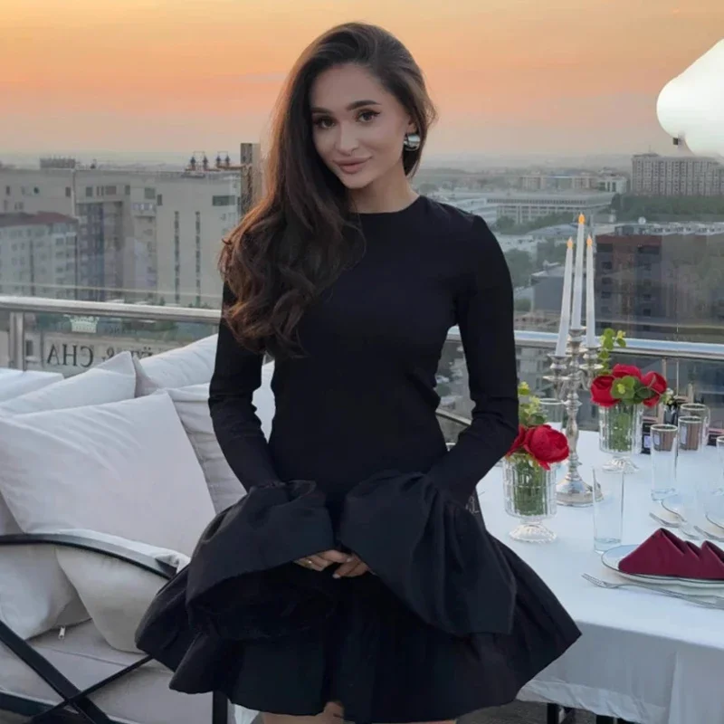 Knitted Mini Dress Female Long Sleeves Gown Flare Sleeves Spliced Autumn Winter Dress A-Line Sweet Bodycon Women Clothes