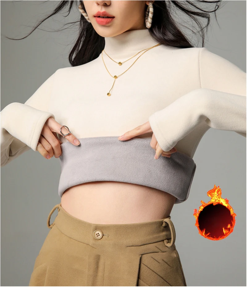 

Зимние женские футболки, толстые теплые флисовые Топы с длинным рукавом и рифленым базовым слоем, шикарная элегантная облегающая женская блузка в Корейском стиле C5652