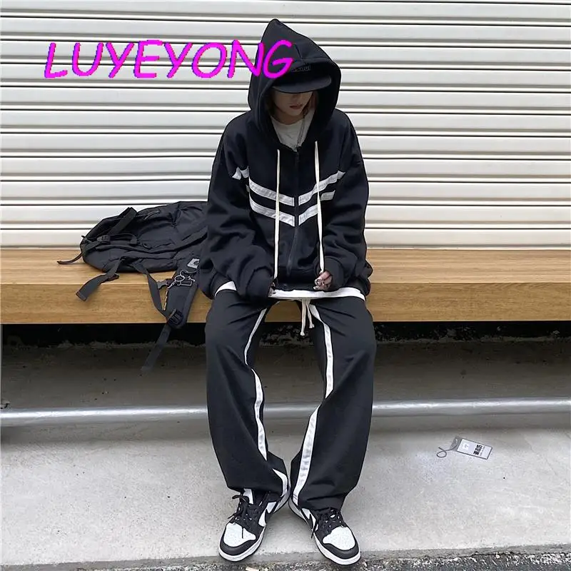 

White Striped Patch Drawstring Pants Lady Harajuku Cool Trousers Gothic Black Women Hipster Long Wide Leg Pant Autumn Winter