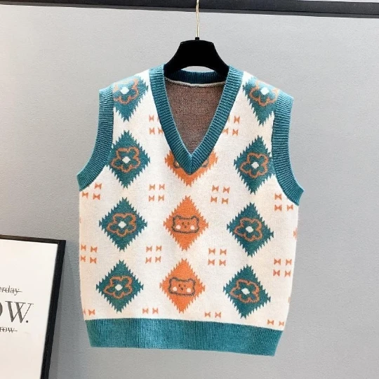

Bear Cartoon Cute New Spring Autumn V-neck Knit Sleeveless Sweater Vest Loose Coat Outcoat Student Lady Top Cloth for Women girl
