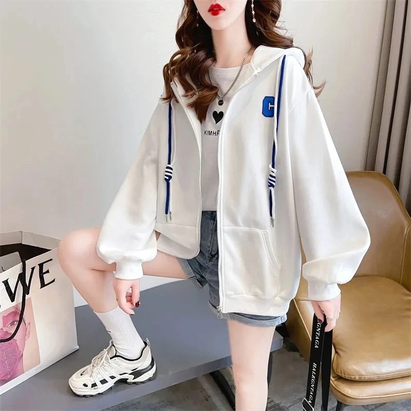 

Spring Autumn Female Splicing Denim Thin Hooded Cardigan Hoodie Jacket Korean Women Lazy Wind Loose Sweatershirt Hoodie Coat Top