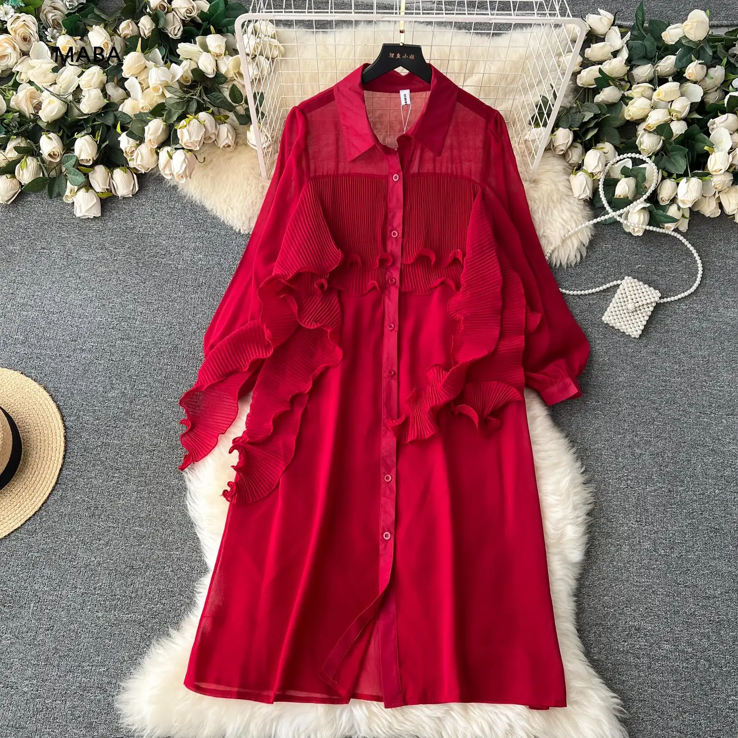 

Oversized Red/white/black/green Chiffon Dress Women Autumn Long Sleeve Loose Casual Solid Ruffle Single Breasted Elegant Dresses