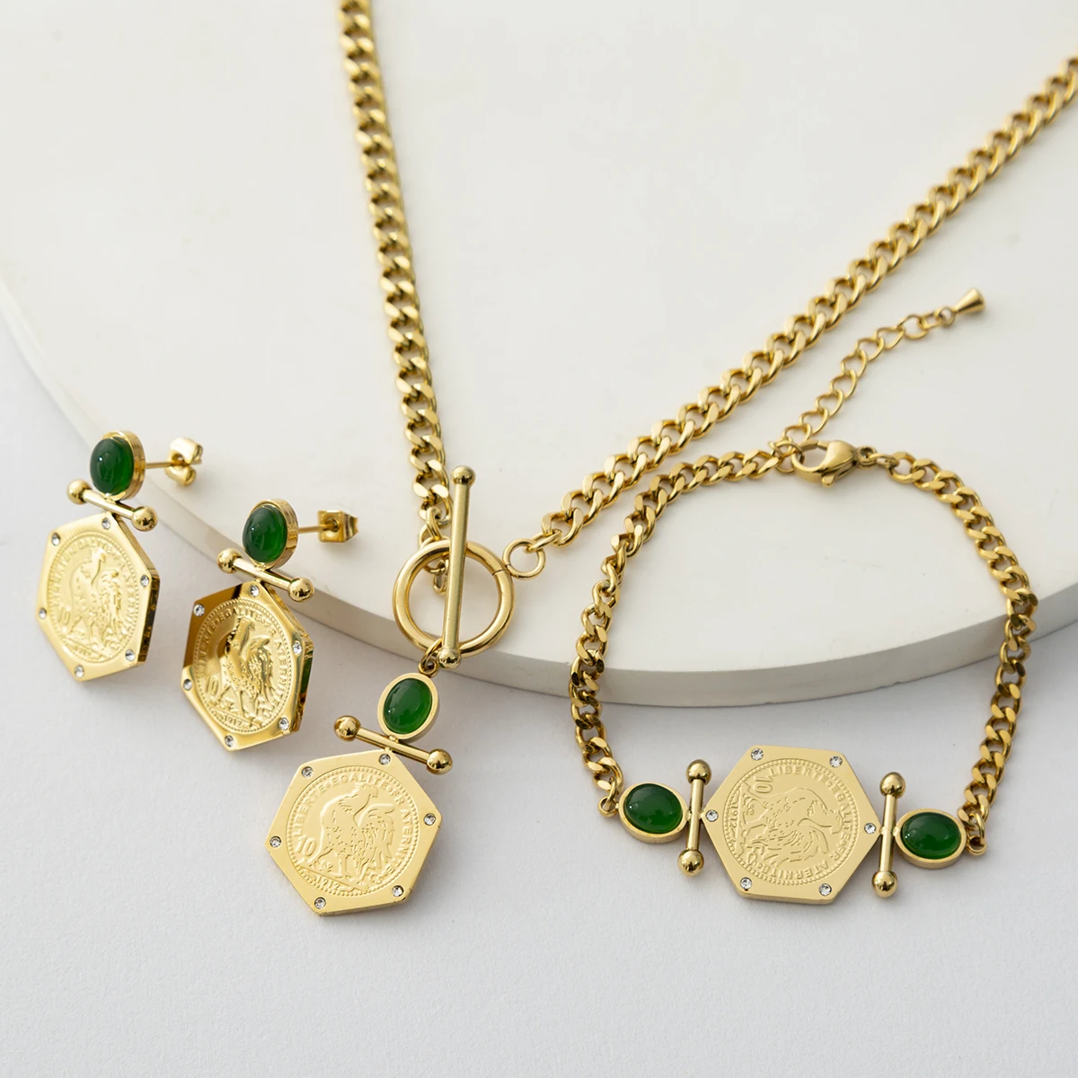 LUIZADA Wedding Jewelry Set for Women Portrait Coin Stainless Steel with Necklace Earrings Bracelet bridal jewelry sets