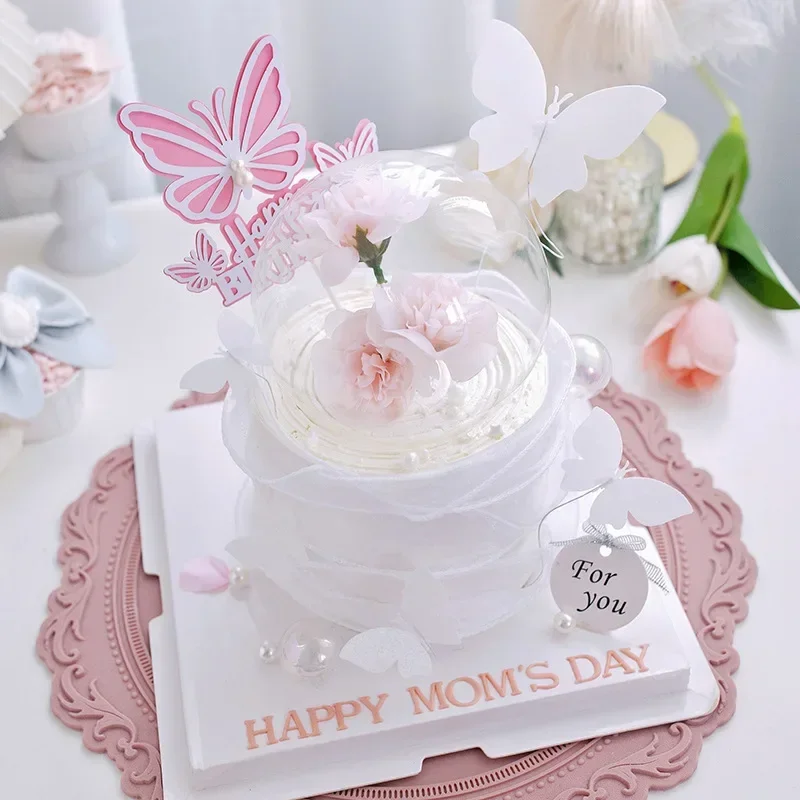 Butterfly Pearl Cake Topper Flag Happy Birthday Wedding Bride Decoration Cupcake Toppers Baking Party Baby Shower Cake Decor DIY