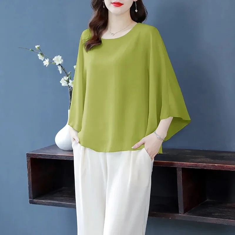 4XL Bat Shirt Summer Women's Loose T-shirt Small Shirt 2025 Spring/Summer Large Wrinkle Resistant And Elegant chiffon Top Green