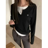 T-shirt à manches longues et col rond pour femme, vêtement à la mode coréenne, faux deux articles, automne hiver 2024 6
