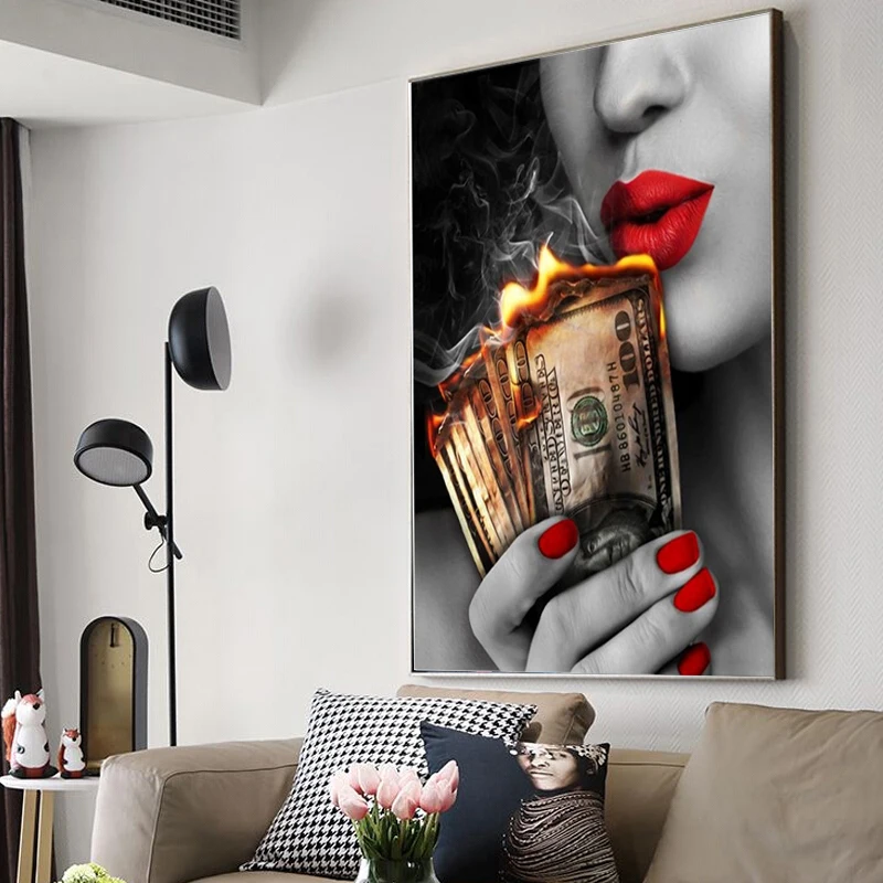 

Burning Money and Sexy Red Lips Woman Canvas Prints and Posters Modern Living Room Wall Art Decorative Paintings Bar Home Decor