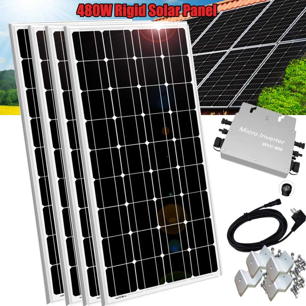 480W Pannello Solare In Vetro Solare Balcone Centrale Elettrica 600W Inverter 230V Plug & Play Balcone Sistema Di Alimentazione 4X120W Kit Completo Pe