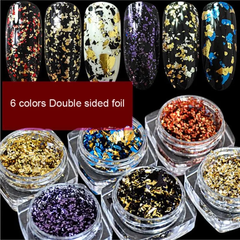 

6 Jar Nail Art Foil Paper Set Aluminum Flakes Mirror Effect DIY Nail Foil Sticker Glue Powders Irregular Sequins Chrome Pigment