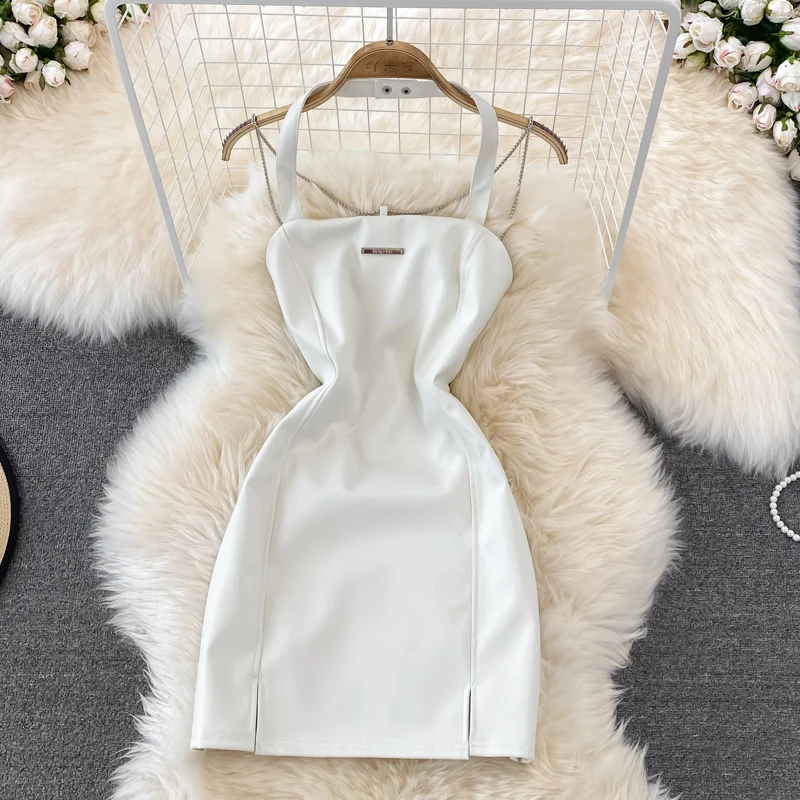 

Sexy Dress Women Chain Off-the-shoulder Side Split Backless Leather Dresses Sleeveless Zipper Halter Vestidos Summer Dropship