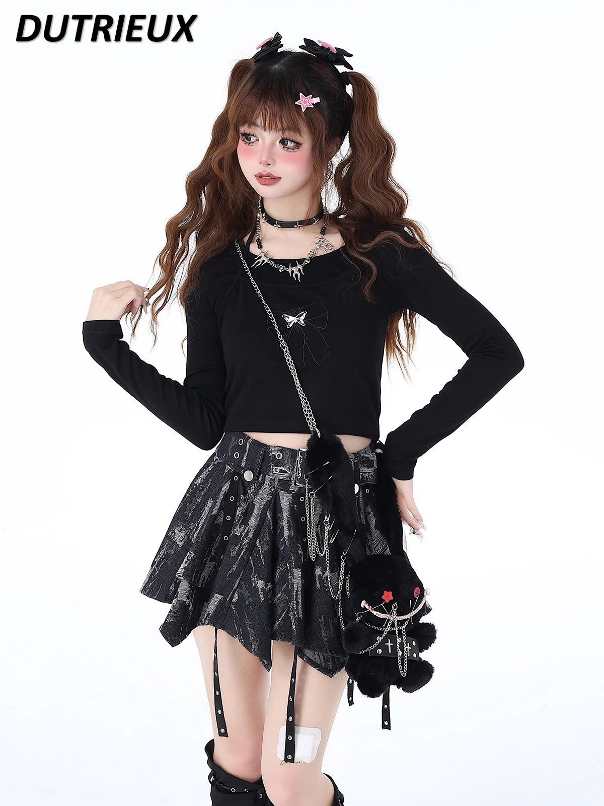 

Spring and Summer New Pure Desire All-Match Black Slim-Fit Bottoming Shirt Butterfly Strap Long Sleeves T-shirt Base Lining Tops