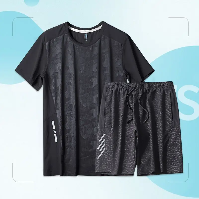 2023 Summer Ice Silk Fabric Motion Men's Set Man Round Neck Short Sleeve Breathable T-Shirts + Thin Style Quick Drying Shorts