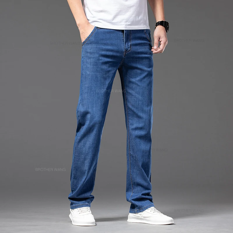 Summer Thin Men's Stretch Straight Jeans Classic Black Blue Business Casual Loose Large Size Denim Pants Brand Trousers 42 44 46 3
