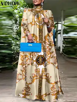Plus Size VONDA Party Dress 2023 Women Bohemian Printed Stand Collar Sleeveless Maxi Dress Casual Bat Sleeve Long Robe