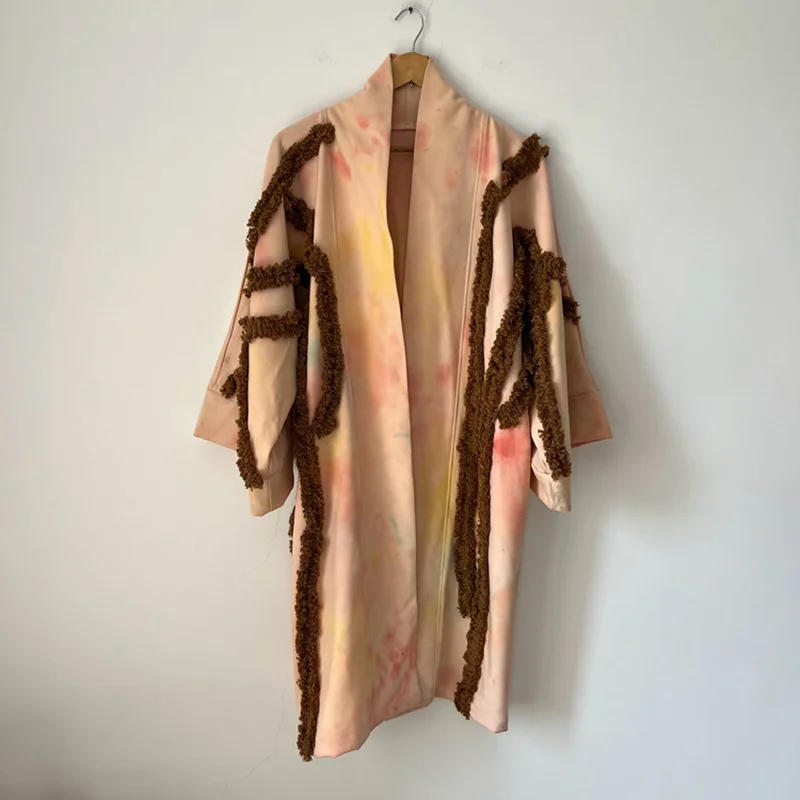 

Autumn New Men's Handmade Tie Dyed Cotton Rope Decoration Windbreaker Tide Loose Personalized Patchwork Trench Coat 21Z1031