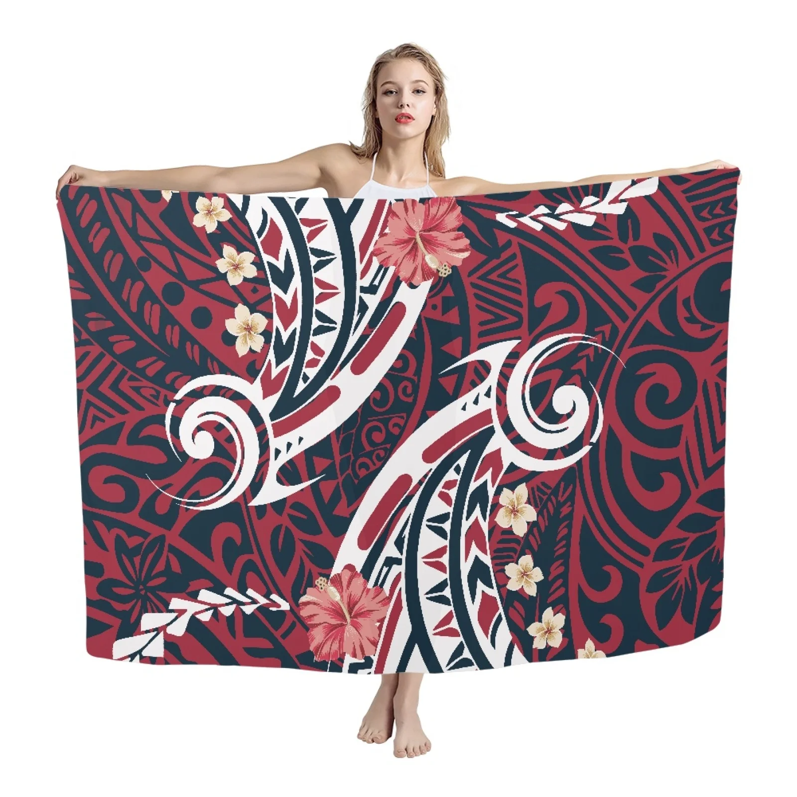 

HYCOOL-Polynesian Hibiscus Tribal Totem Print, Dark Red, Vintage, Lavalava Fashion, Beach Swimwear, Cover Ups for Women Swimsuit