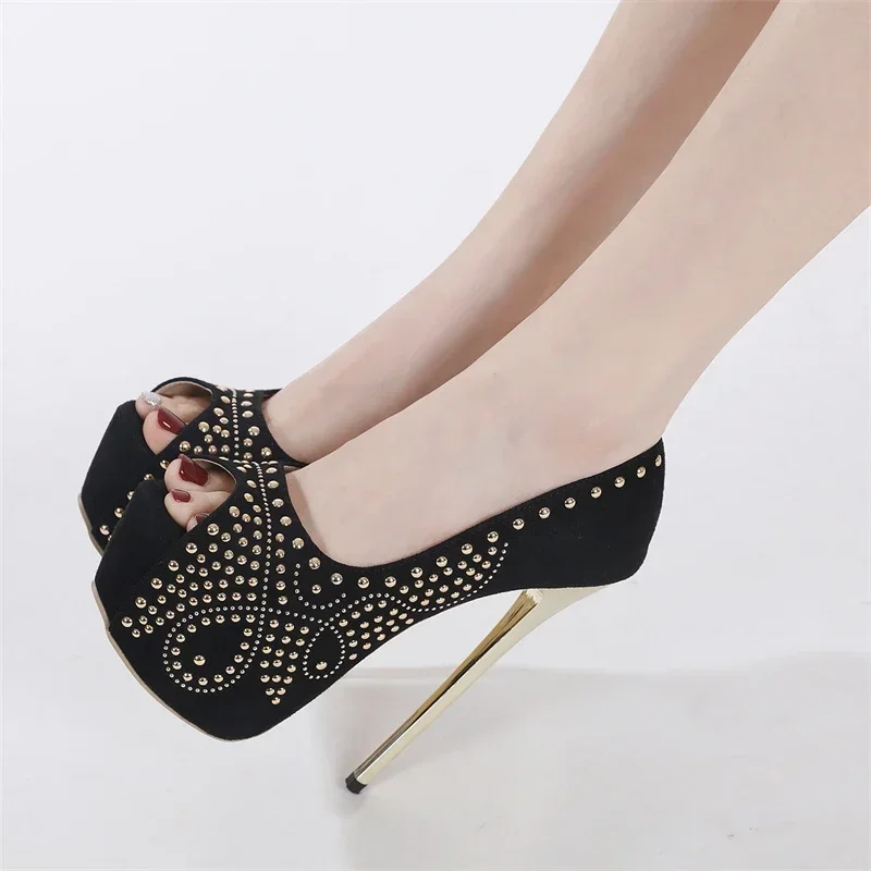 Black Rivet Design Ultra High Heel Women Pumps Sexy Peep Toe Thin High Heels Platform Stiletto High Heels Nightclub Dress Shoes 1 Black Rivet Design Ultra High Heel Women Pumps Sexy Peep Toe Thin High Heels Platform Stiletto High Heels Nightclub Dress Shoes