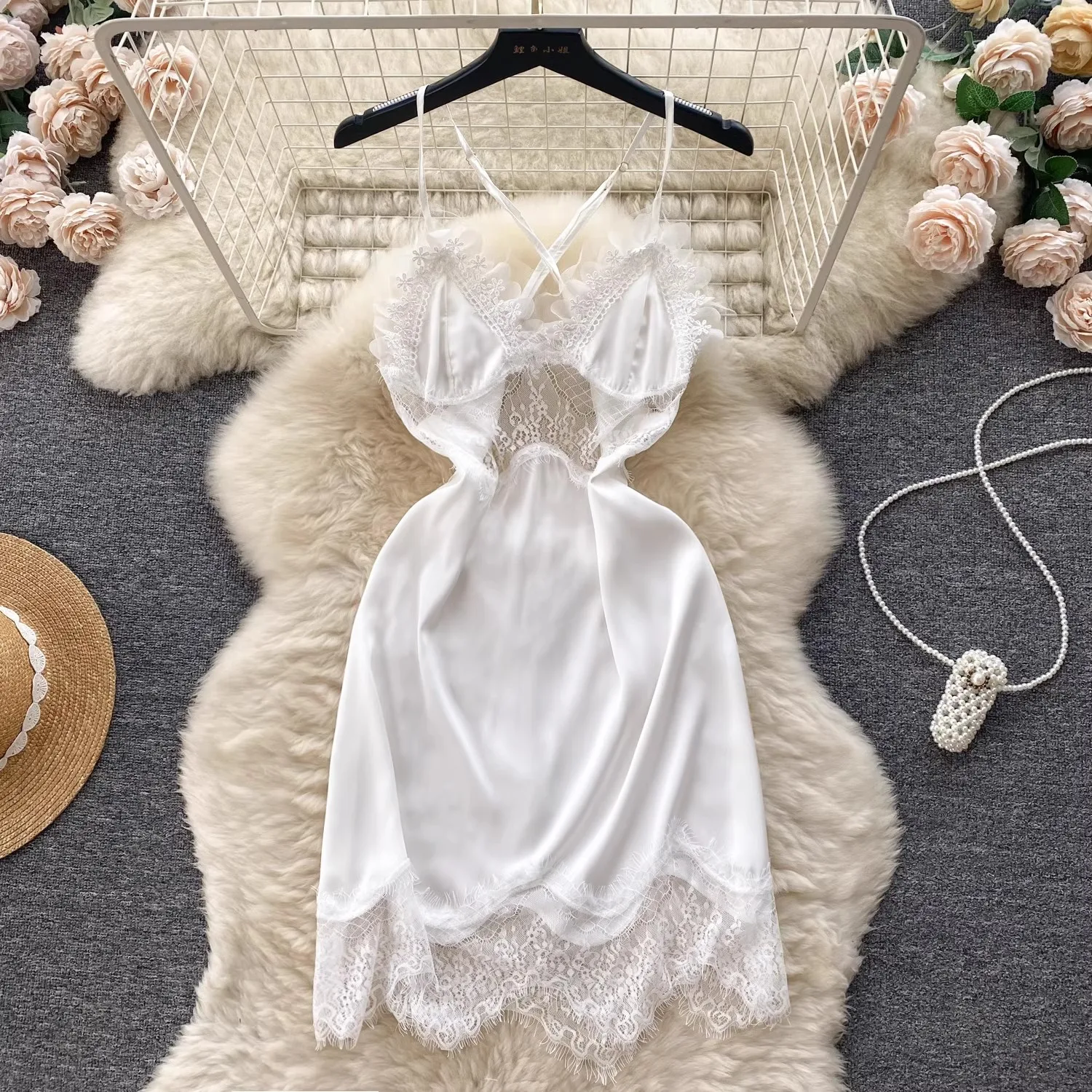 Chillgio Frauen sexy Blumen Eis Seide Nachthemden Sommer hohle Mode zweiteilige Spitze Patchwork Spaghetti träger Mini Pyjama Kleid – Detail 1
