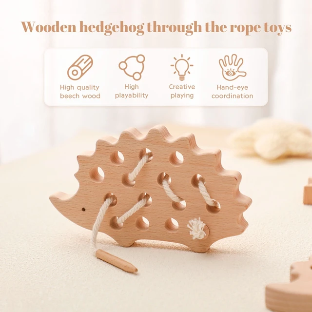 Wooden Hedgehog Threading Board Kids Montessori Toys Beech Wooden Educational Toy Button Beaded Blocks Puzzle Toy Baby Gifts 2
