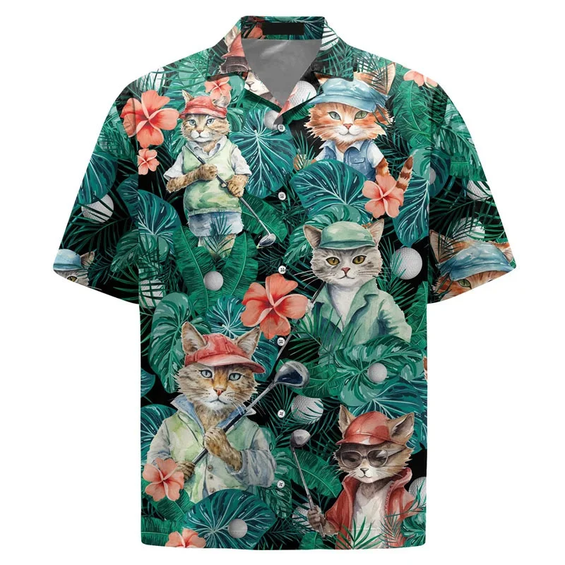 thumbnail image 1 of Camisa hawaiana con estampado 3D de gato y mapache para hombre, blusa con estampado de plantas y animales, blusa de moda con solapa y botones, camisetas Aloha de manga corta, 1 of 5