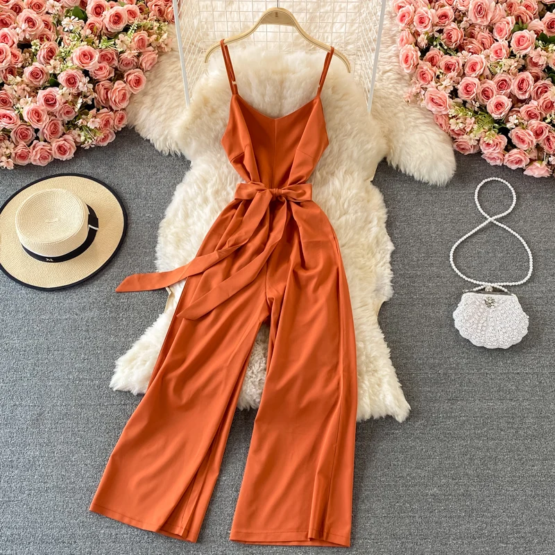 

Slim v neck bandage Jumpsuit summer spaghetti strap high waist rompers Full Length Women casual elegant beach maxi long Romper