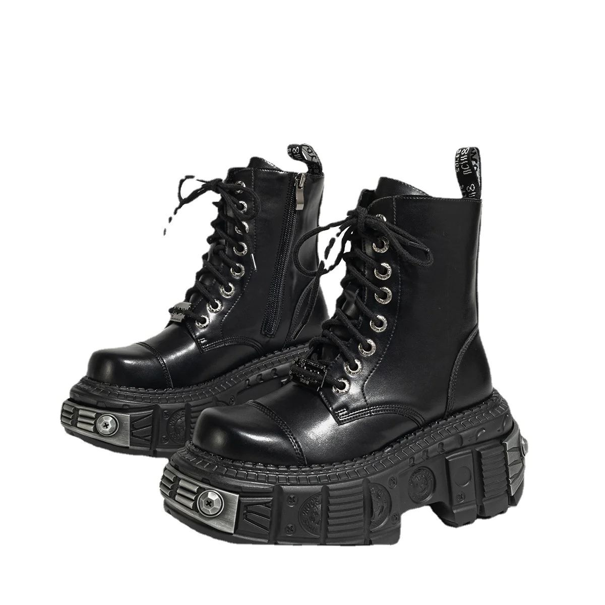 2023 Autumn and Winter New Dark Punk Metal Lace-up Women's British Style Raise the Bottom Zipper Machine Car Boots