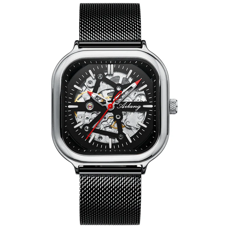 AILANG Top Skelett Quadrat Mechanesch Fir Männer Automatesch Handgelenk Waasserdicht Mesh Gürtel es_voghion.com