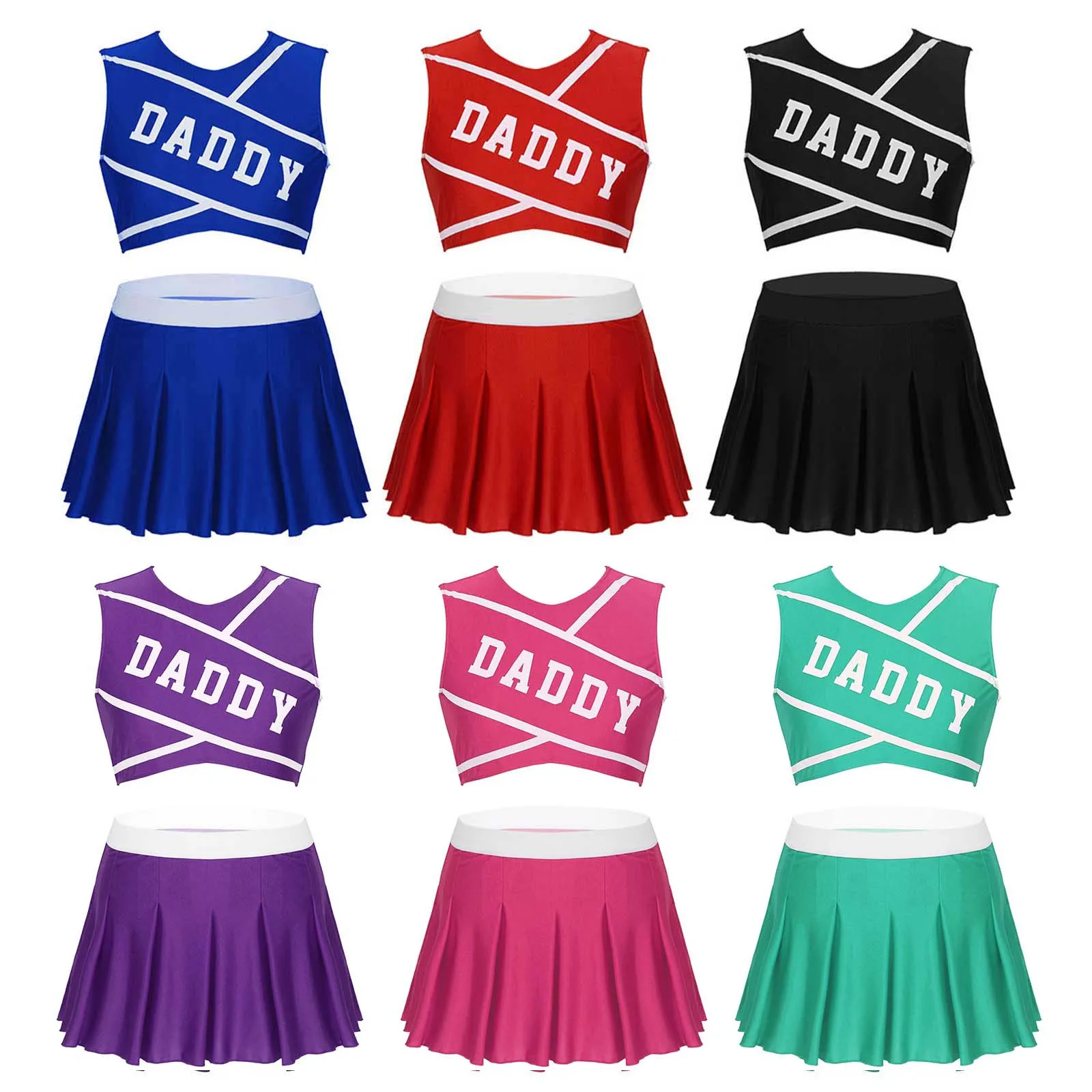 2Pcs Women School Girls Cheerleading Uniforms Set DADDY Printed Cheerleader Costume Sleeveless Crop Top with Mini Pleated Skirt