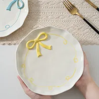 Nordic Ins Hand-painted Ceramic Bow Shape Plate Ornament Sliving Room Bedroom Dining Table Snack Fruit Salad Plate Birthday Gift 2