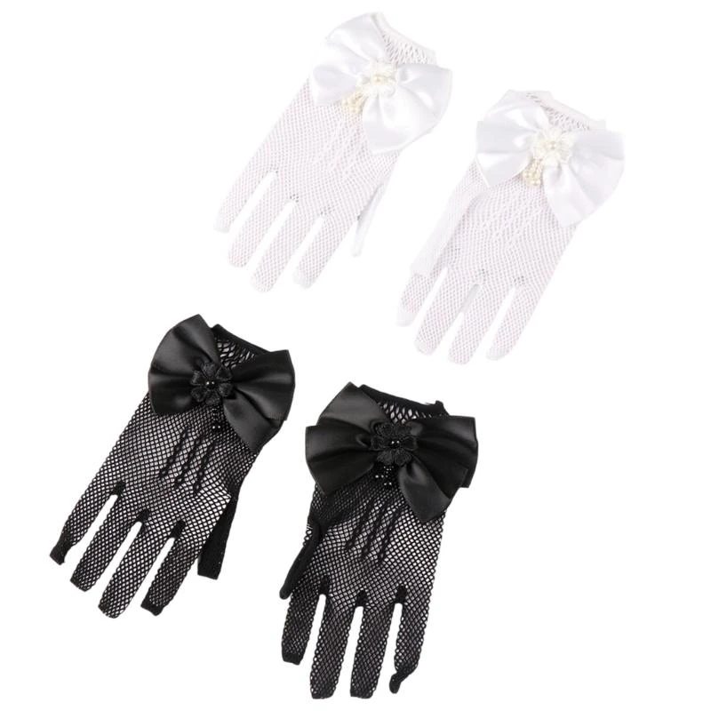 1 Pair Lace Girls' Formal Gloves Comfortable Nylon Fabric Mittens for Wedding Dresses and Special Occasion White/Black 4XBC