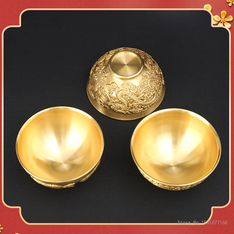 Pure Copper Holy Water Cups, Relief Dragon, Five Cattle Pattern, Buddhist, Kung Fu Tea Set Supplies, Brass, Decorative Bowl, 1Pc