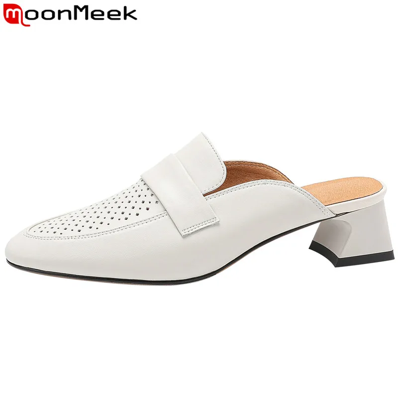 

MoonMeek 2023 New Size 34-40 Fashion Round Toe Mules Slippers Woman Genuine Leather Dress Shoes Ladies Square Med Heels Slippers