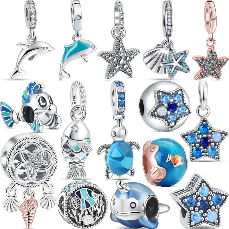 

925 Sterling Silver Blue Scaled Fish Whale Dolphins Turtle Starfish Pendant Beads Fit Original Pandora Charms Bracelet Jewelry