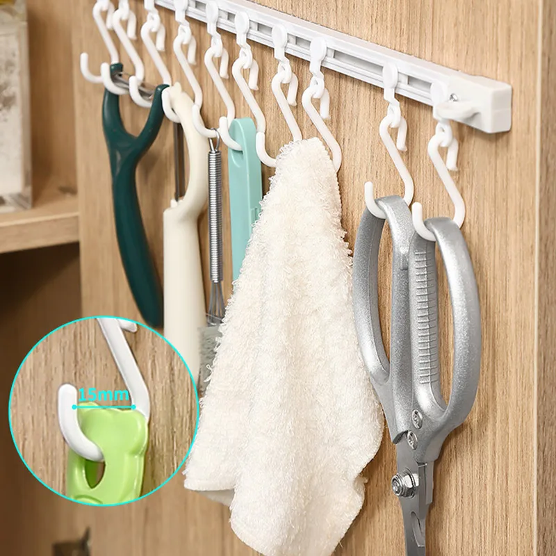 Houseeker Strong Self-adhesive Track Row with 10 Hooks Can Slide S-shaped Holder Non Punching Kitchen Bathroom Storage Rack