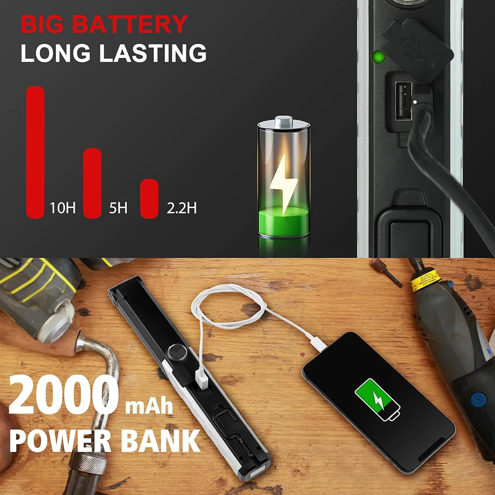 Portable Work Light Rechargeable LED Work Flashlight with 2 Magnetic Base 4 Light Modes Mechanic With Hook For Emergency