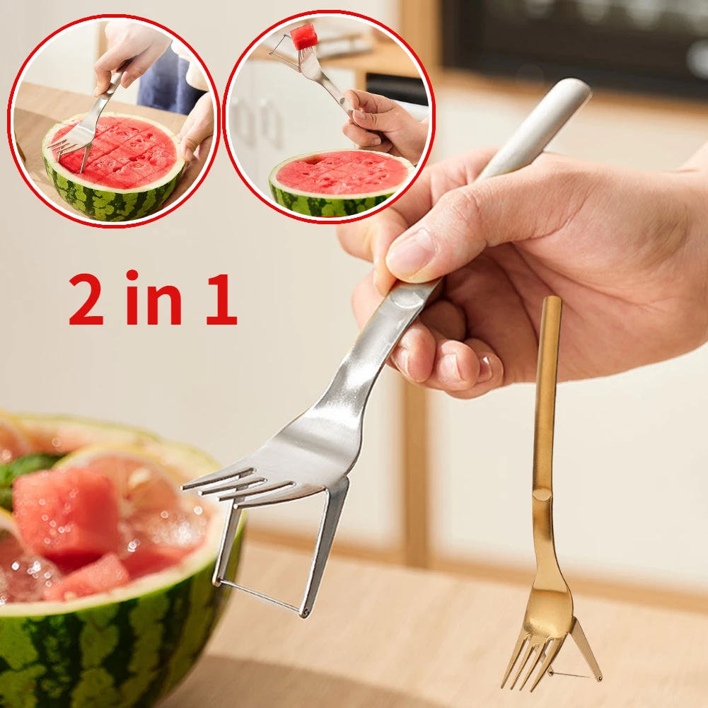 1pcs 2 In 1 Portable Watermelon Fork Slicer Multi-purpose Watermelon Slicer Cutter  Knife Stainless Steel Kitchen Fruit Cutting Fork