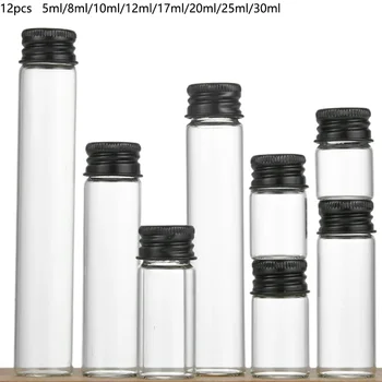 검은 알루미늄 뚜껑이 있는 직경 22mm 글래스 튜브 병, 투명 캔디 포장 병, 곤충 허브 파우더 태블릿 시약 용기, 12 개