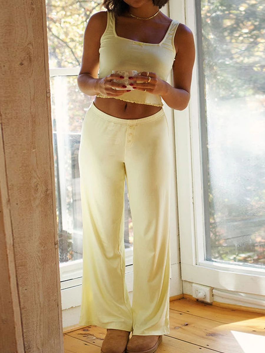 

Женский комплект из двух предметов, летний топ без рукавов с квадратным вырезом и брюки с пуговицами спереди, уличная одежда