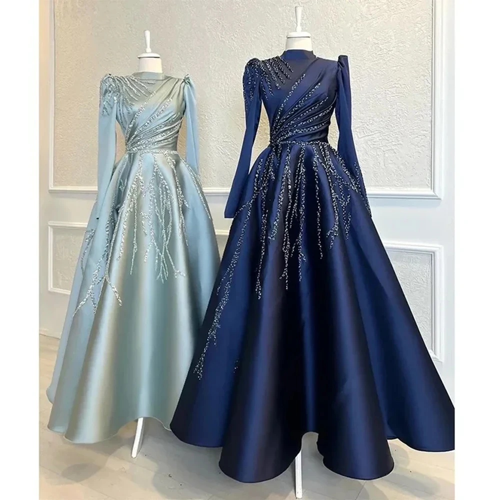 

Арабские темно-синие платья для выпускного вечера с высоким воротником, трапециевидные платья с пышными рукавами и блестками, официальные платья для свадебной вечеринки, 2024