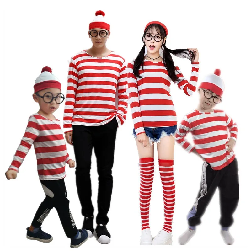 Genitore-Figlio Whawes Wally Costumes Adult Child Anime Waldo Cosplay Game Uniform Red Stripe Shirt Hat Glasses Halloween Outfit
