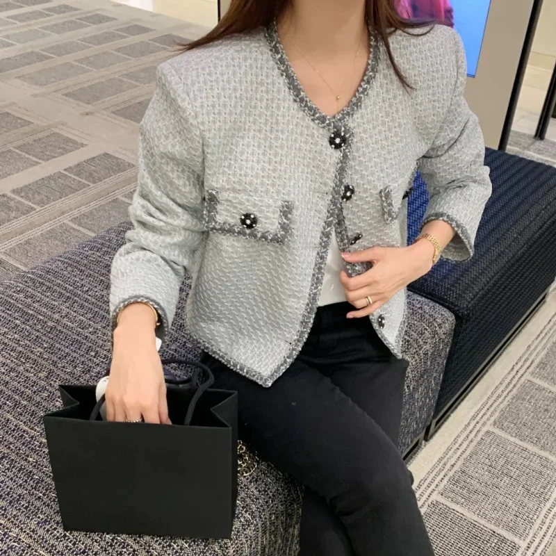 

LKSK Autumn Vintage Style Round Neck Single breasted Long Sleeve Fragrant Coat Outer Tower Unique Design Sense Simple S