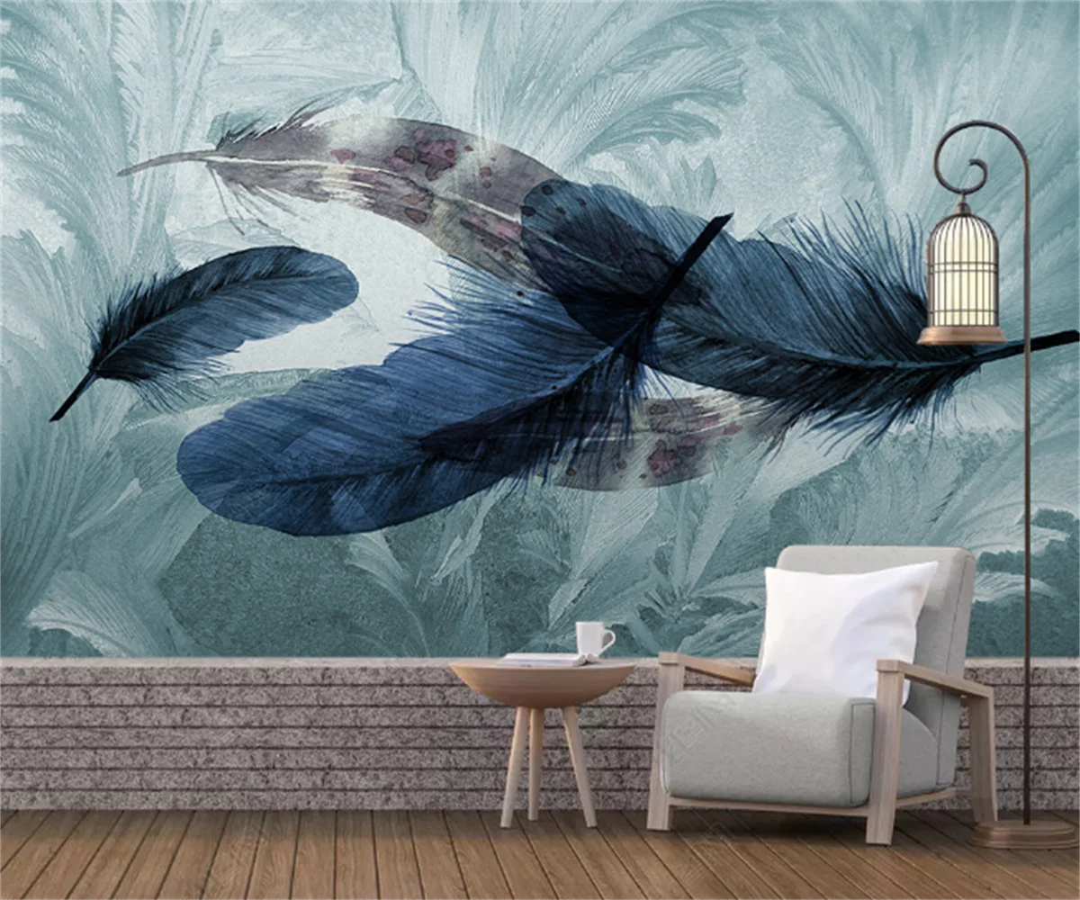 Customize any size self-adhesive 3D children's mural wallpaper Nordic minimalist hand-painted watercolor feather bedroom wall